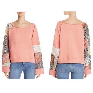 Free People Suns Out Off Shoulder Pullover Patchwork Block Print Sweatshirt XS